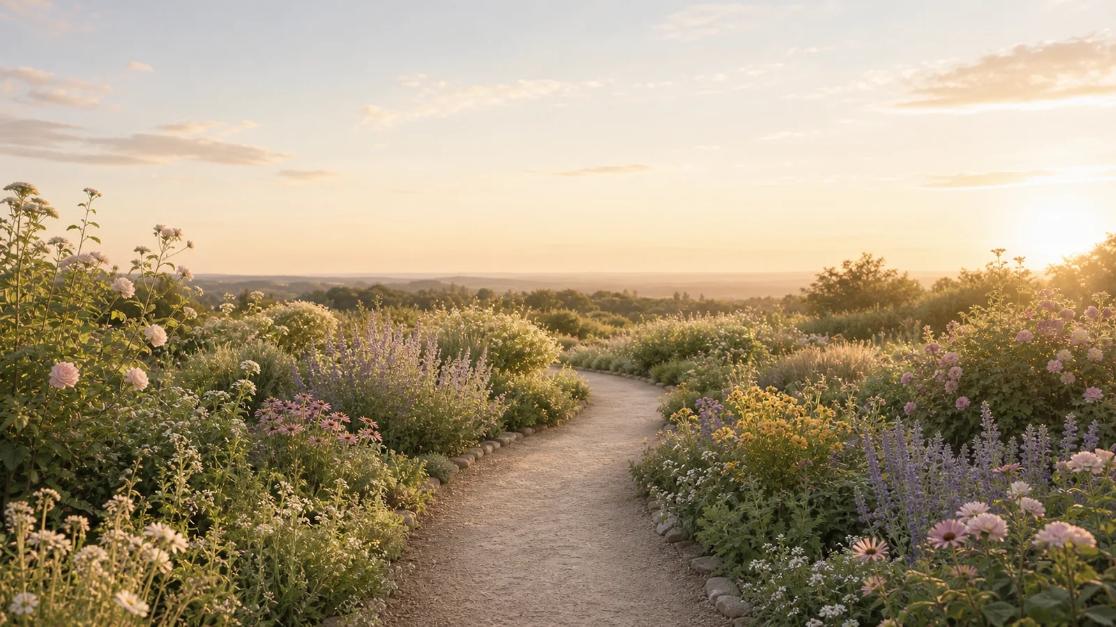 Open flowering garden pathway with soft evening sky
