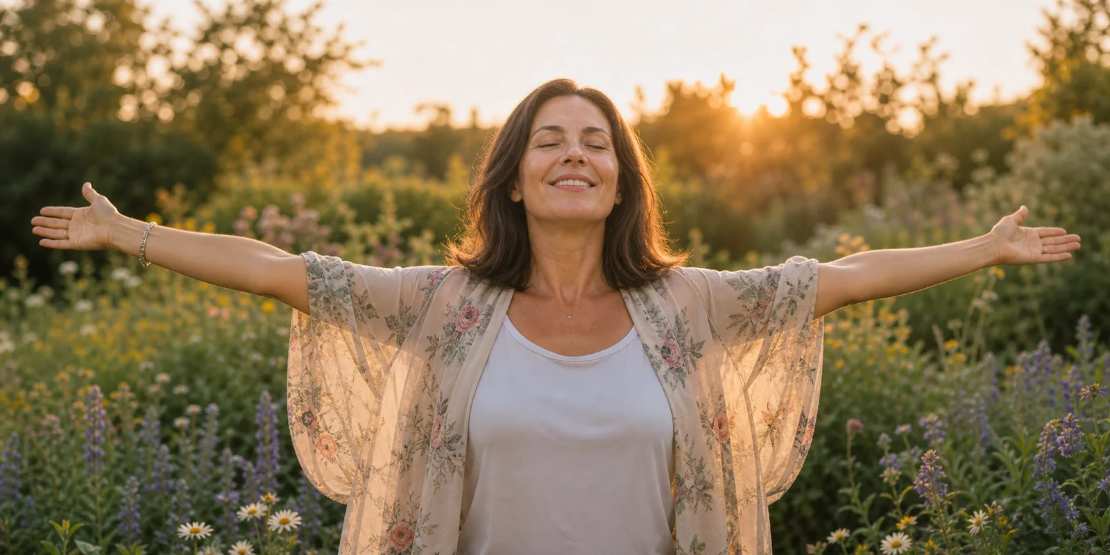 Woman embracing the sunlight in a field symbolising new beginnings and wellbeing